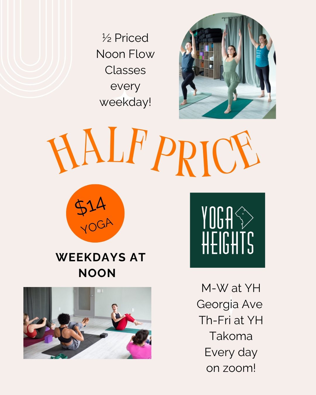 It is now easier than ever to add some flow to your workday at Yoga Heights!

We are happy to now offer half-priced flow classes at noon Monday through Friday 🧘🏻&zwj;♀️🧘🏻&zwj;♀️ 

All weekday half-priced classes will be streaming on Zoom and will