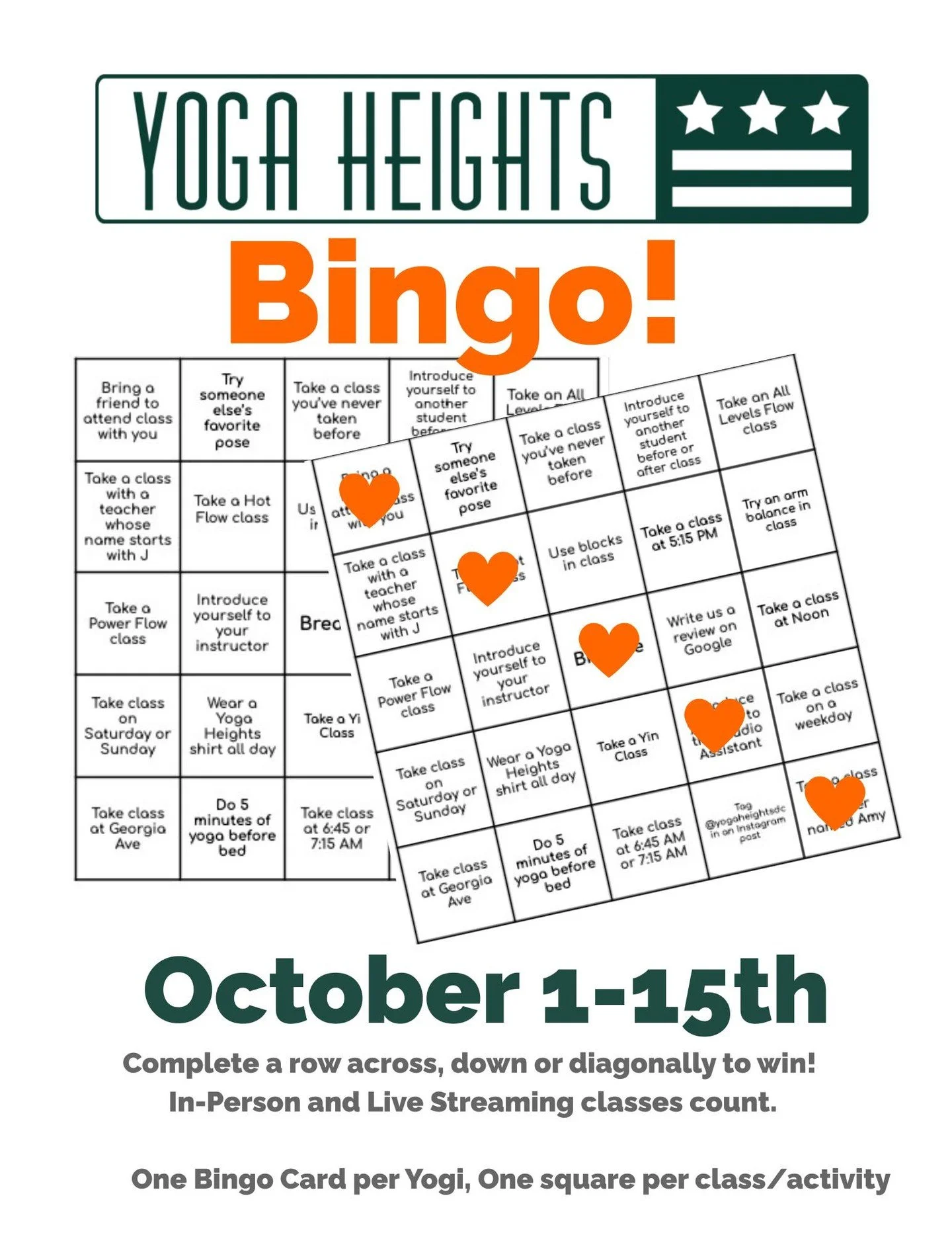 Yoga Heights bingo is back through October 15th! 🧡

Grab a bingo card at the front desk, sign up for classes, and play along to win prizes! 

#YogaHeightsDC #YHDC #YogiSoul #YogaStrong #PracticeDaily #Community #YogaPractice #Om #Meditation #YogaLiv