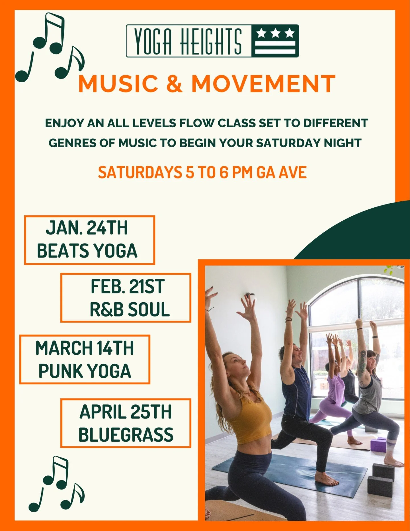 Beginning on January 24th, join us for a monthly Music &amp; Movement class on Saturday nights at Georgia Ave! This unique All Levels Flow will feature a different genre of music each month. 

January 24th Beats Yoga w/ Cheryl Tanski
YH GA Ave 5-6pm