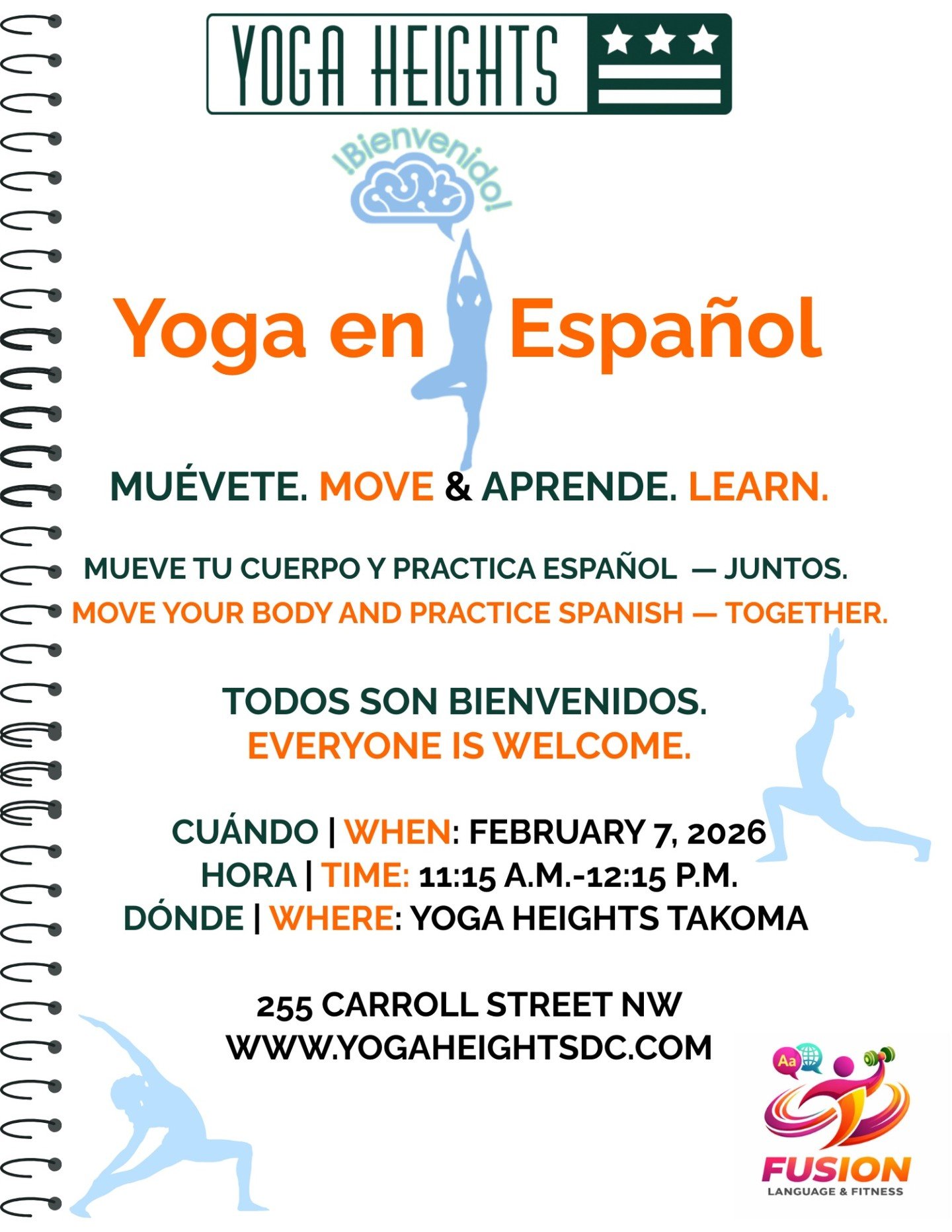 Please join us for Yoga en Espa&ntilde;ol at Yoga Heights Takoma Park in collaboration with Fusion Language Fitness on February 7, 2026, from 11:15 a.m. to 12:15 p.m. 💚

Register at yogaheightsdc.com. 

#YogaHeightsDC #YHDC #YogiSoul #YogaStrong #Pr