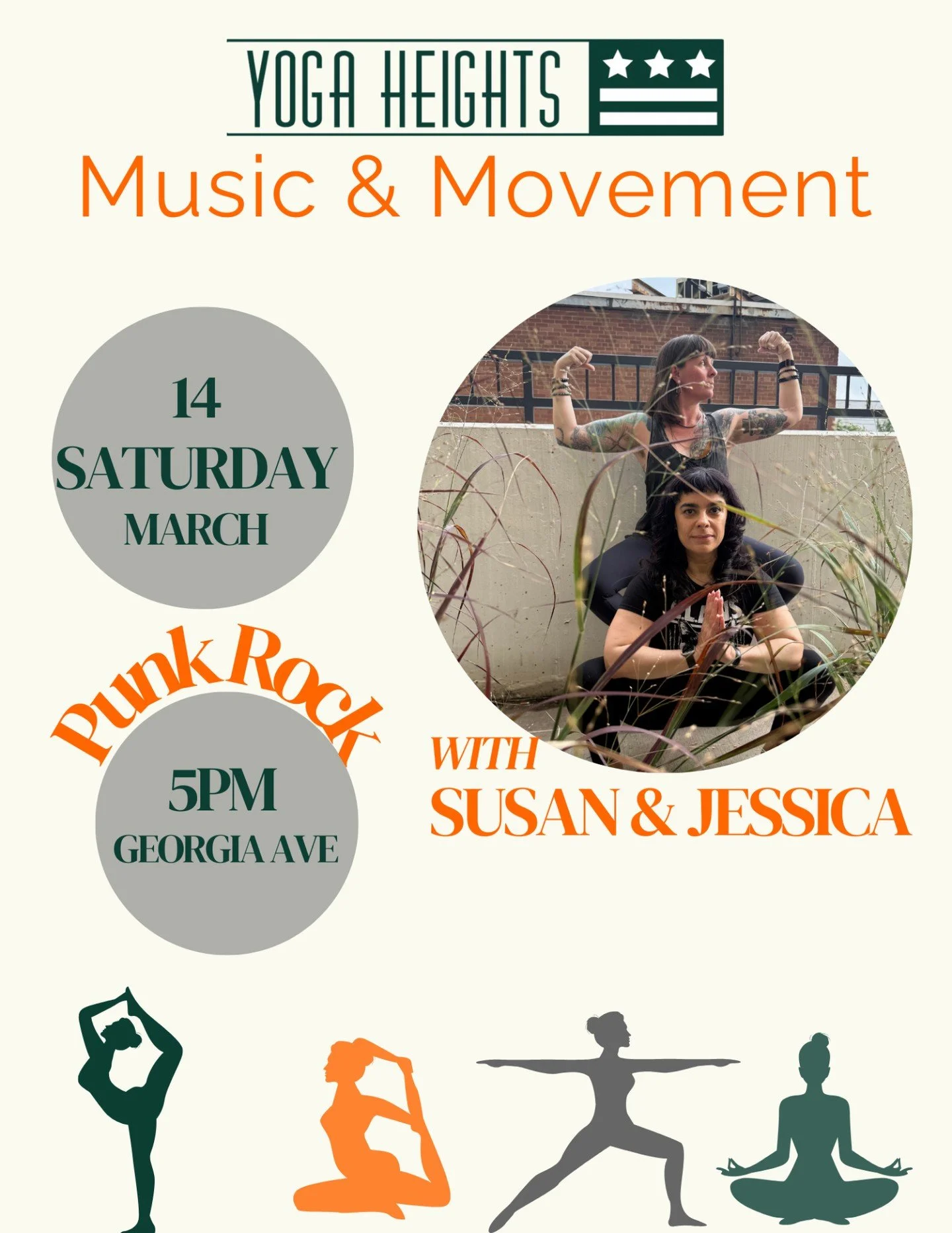 Join us this Saturday, March 14th at 5pm for Music and Movement -  Punk Rock Edition with Susan and Jessica!

This 60-min all levels yoga class moves you through a series of poses that connect breath to movement, paired with a specially designed play