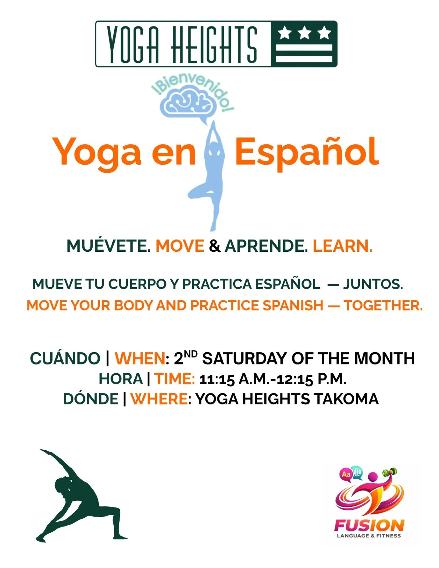 Our Yoga en Espa&ntilde;ol class in collaboration with Fusion Language Fitness will now be held monthly at Yoga Heights Takoma! Classes will begin on April 11th and be held every 2nd Saturday of the month at 11:15am - 12:14pm 💚

Register at yogaheig