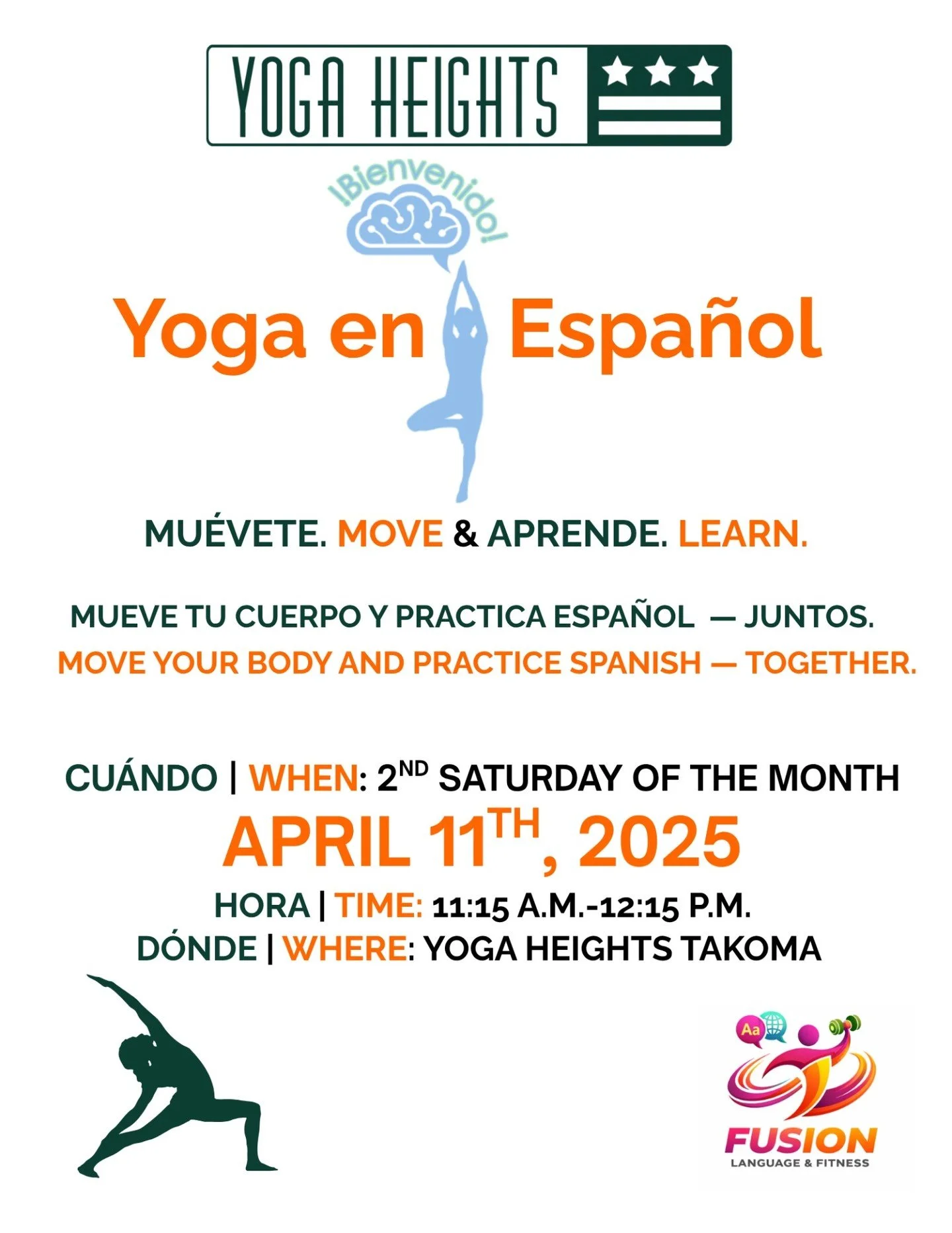 Our Yoga en Espa&ntilde;ol class in collaboration with Fusion Language Fitness will now be held monthly at Yoga Heights Takoma! Classes will begin on April 11th and be held every 2nd Saturday of the month at 11:15am - 12:14pm 💚

Register at yogaheig