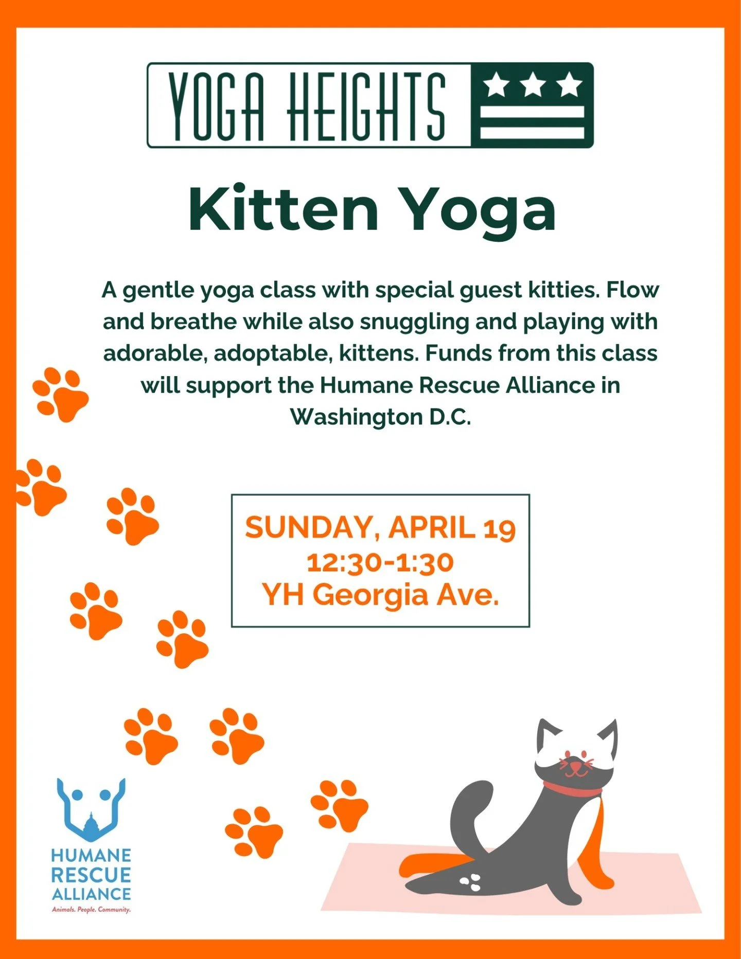 Join us for Kitten Yoga on Sunday, April 19th 🐱 This gentle yoga class will feature adorable guest kitties from the Humane Rescue Alliance. We will flow and breathe while also snuggling and playing with adorable, adoptable, kittens.

Funds from this