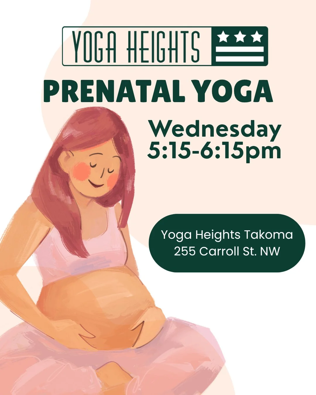 Join us for Prenatal Yoga every Wednesday at 5:15 at the Yoga Heights Takoma studio, or on Zoom.