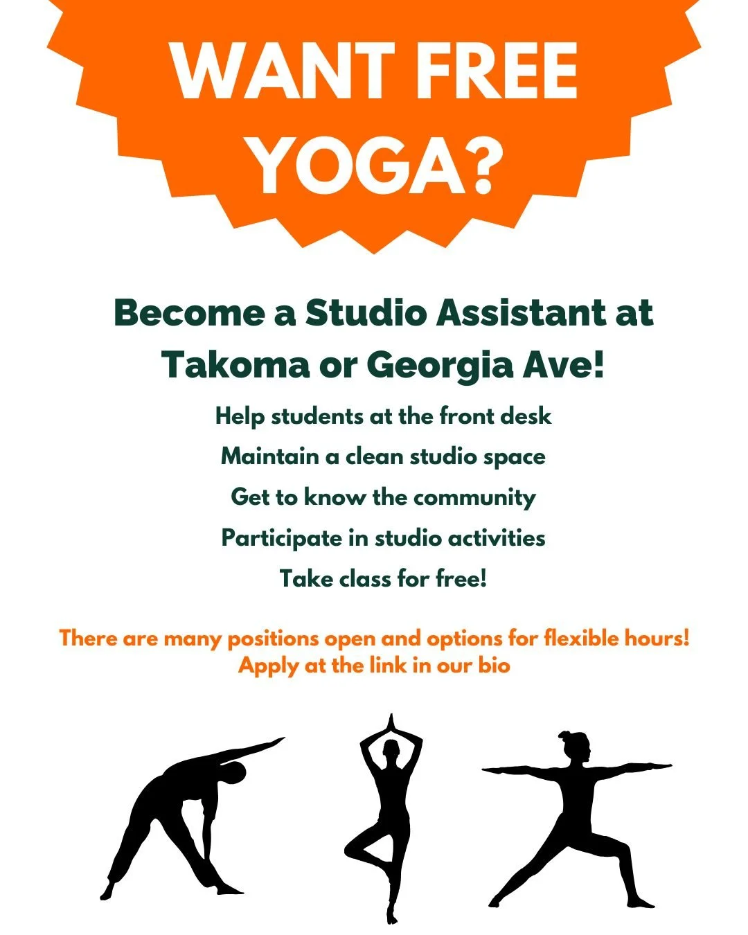 Want to join our team and be the smiling face at the front desk of Yoga Heights?

Get unlimited free classes in exchange for 3 hours per week as a Studio Assistant.  Some open shifts are:
Takoma
Monday
9:45am - 11:15am

Tuesday
630am -8am

Wednesday
