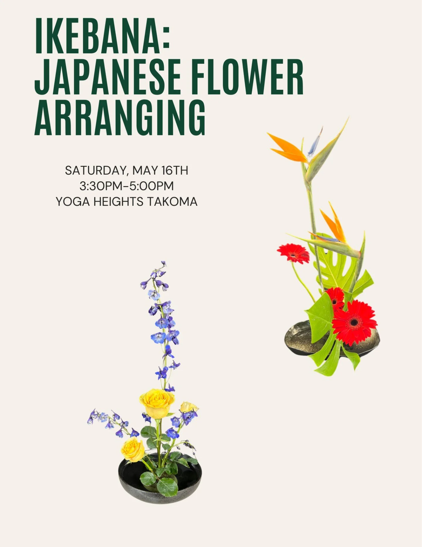 Saturday, May 16th - Join Alisa for another Ikebana Japanese Flower Arranging workshop at YH Takoma!

Meditation and Mindfulness comes in many forms. We invite you to learn and create one of the introductory Ikebana styles, Hana Isho Rising. There wi