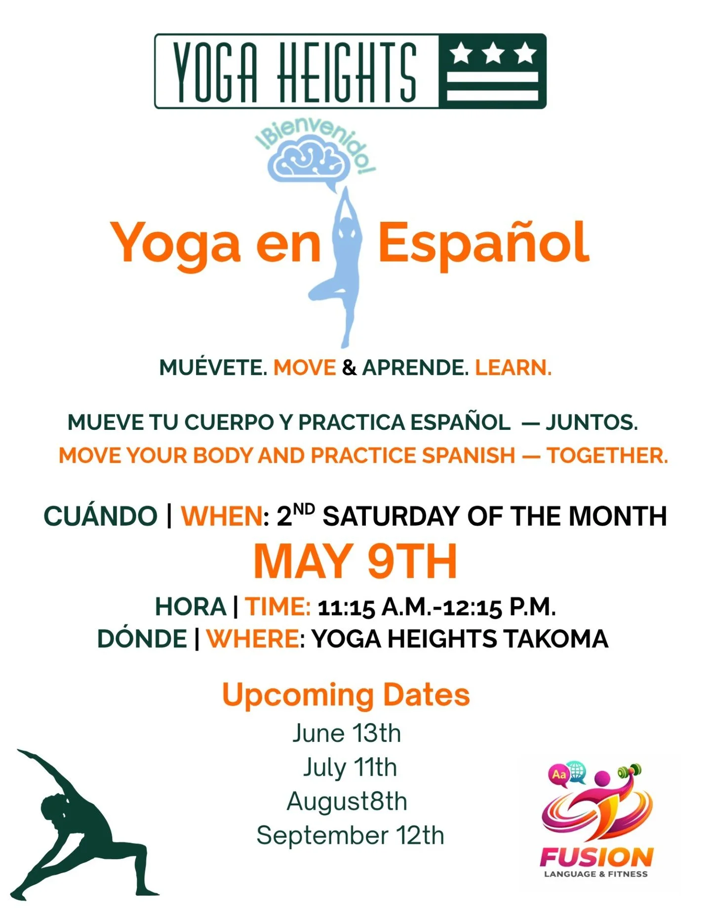 Our Yoga en Espa&ntilde;ol class in collaboration with Fusion Language Fitness are now held monthly at Yoga Heights Takoma! The next class is on May 9th and will be held every 2nd Saturday of the month at 11:15am - 12:14pm 💚

Register at yogaheights
