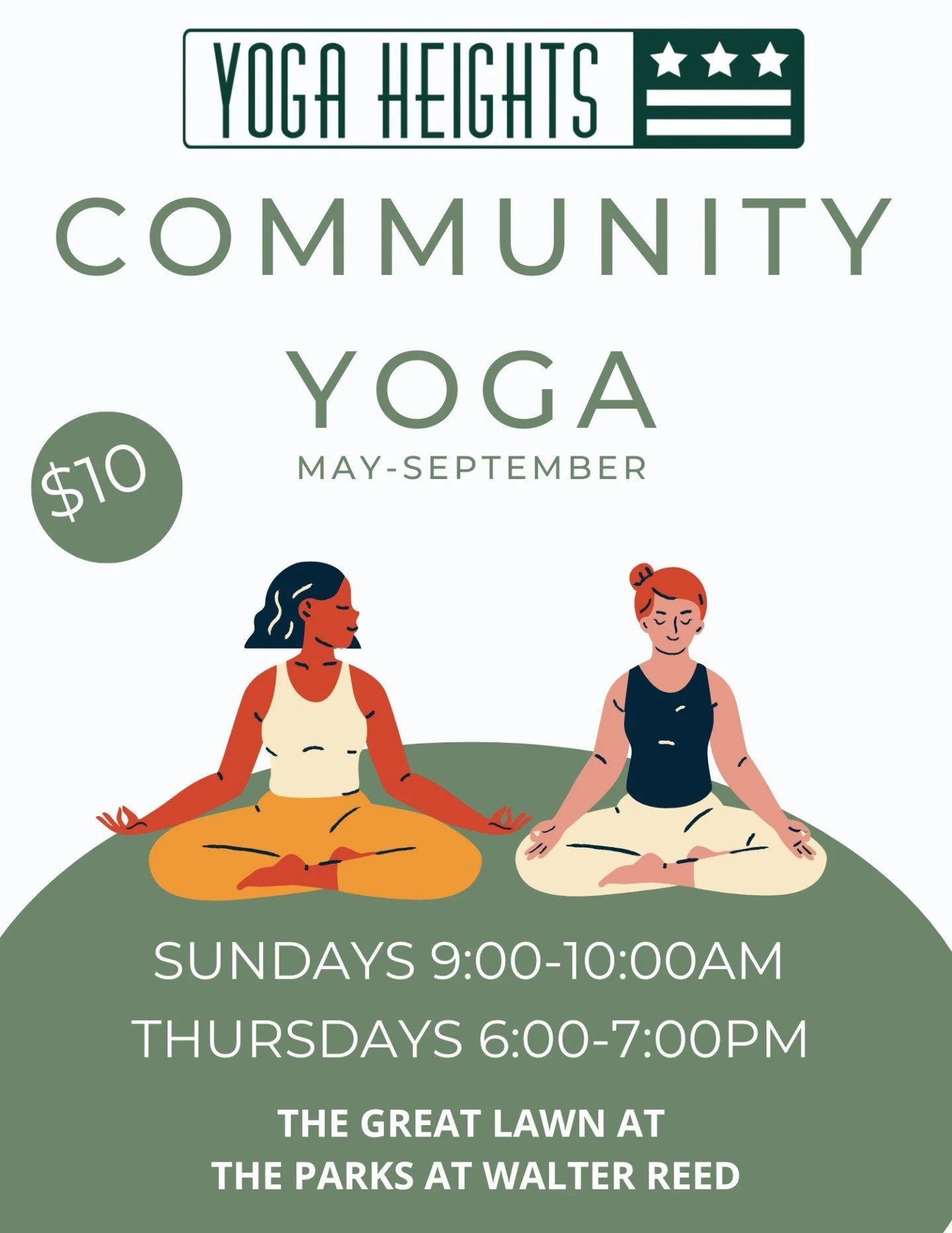 ☀️ ☀️ Starting Sunday May 3rd! Join us for all levels OUTDOOR YOGA at Walter Reed Lawn, offered while weather permits through September☀️ ☀️

Please purchase an "Outdoor $10 Community Yoga at Walter Reed" to register. Payment is also accept