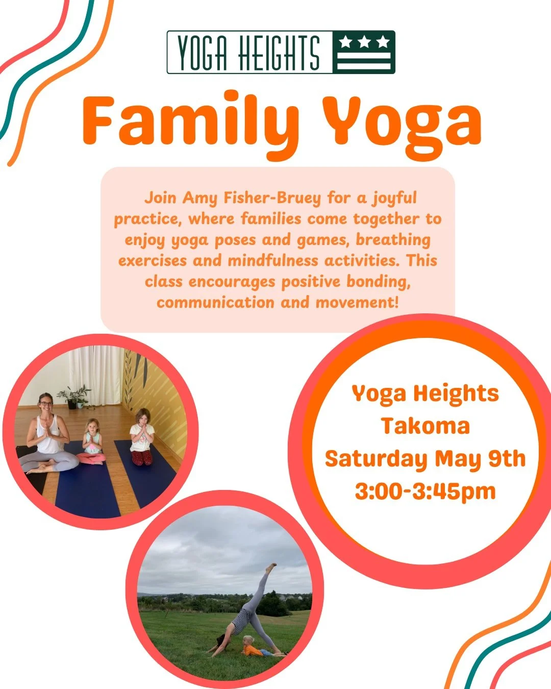 Join us on Saturday, May 9th for Family Yoga! Amy Fisher-Bruey will lead a joyful practice, where families come together to enjoy yoga poses and games, breathing exercises and mindfulness activities. 

May 9th at YH Takoma, 3:00-3:45pm