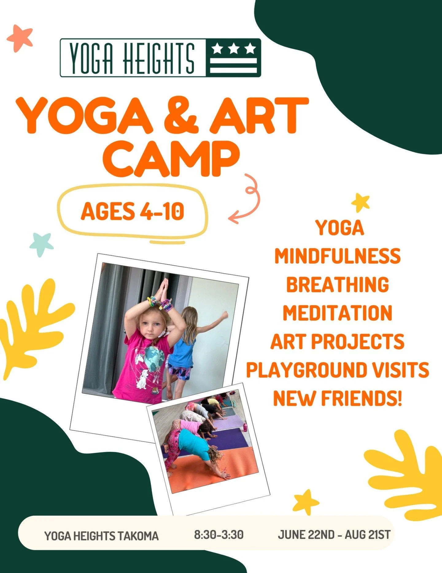 We are SO excited for Summer Camp at Yoga Heights and enrollment is OPEN now!! 💚

Our Kids Yoga and Art Camp will be held weekly from June 23rd through August 4th.

Your child will stay active all week while learning valuable skills like emotional r