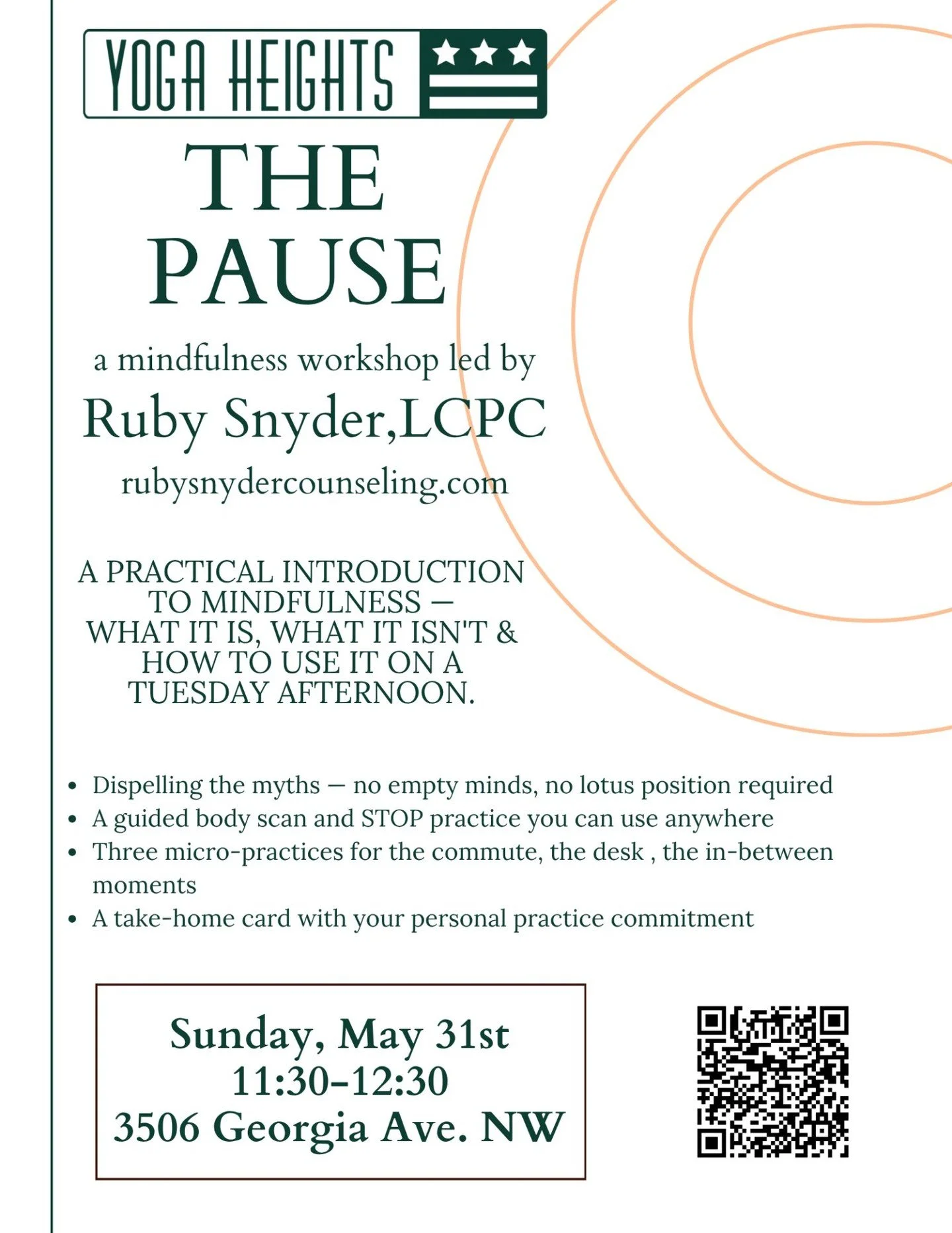 Could you use a pause? A break from the noise? Join Ruby Snyder, LCPC for THE PAUSE: A Mindfulness Workshop

Learn practical skills and tools to practice mindfulness that you can apply in your busy day to day life.

Sunday, May 31, 11:30-12:30
Yoga H