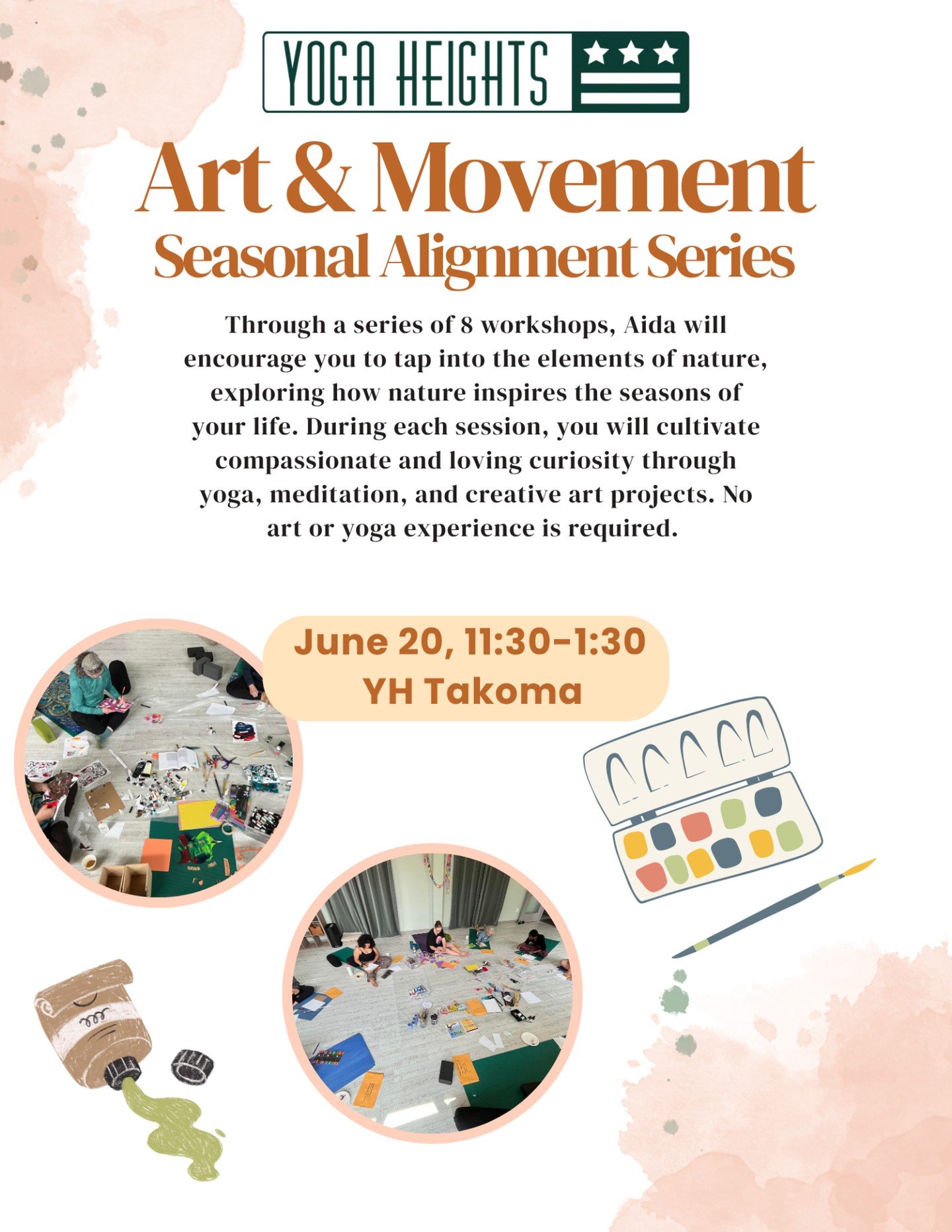 Let your creativity flow! Saturday, June 20, 11:30-1:30 at Yoga Heights Takoma.

Join Aida for Art &amp; Movement -- a two hour workshop to explore creative expression through yoga, meditation and art projects.