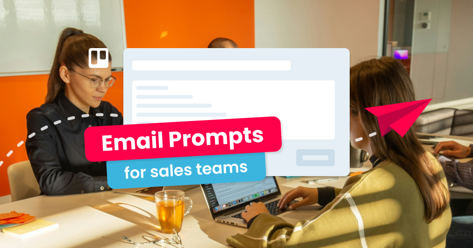 An illustration of an open email message in Trello, over an image background of colleagues working on their laptops