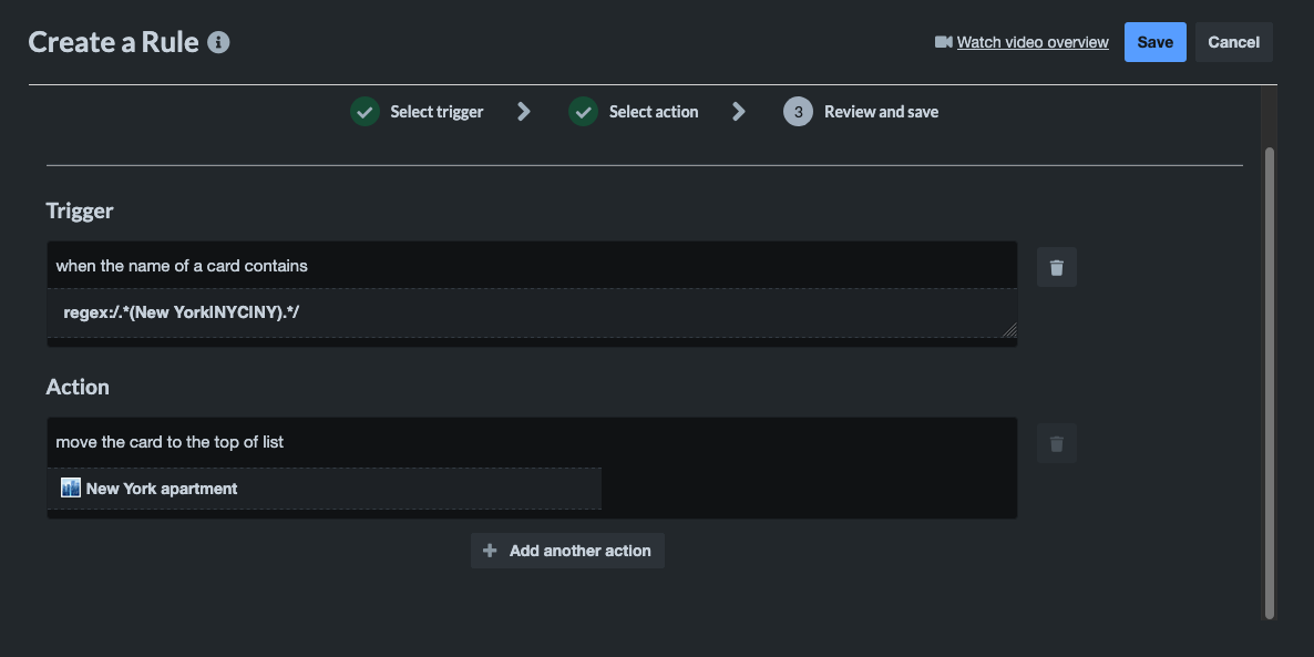 Screenshot of Trello rule: When the name of a card contains ‘regex:/.*(New York|NYC|NY).*/’, move the card to the top of list ‘New York apartment’