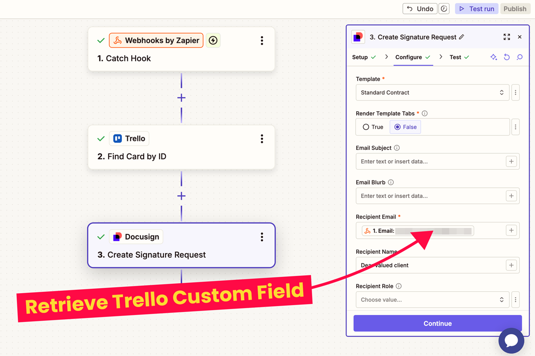 Screenshot of the Docusign 'Create Signature Request' set up in Zapier with the annotation 'Retrieve Trello Custom Field' pointing to the recipient email address field