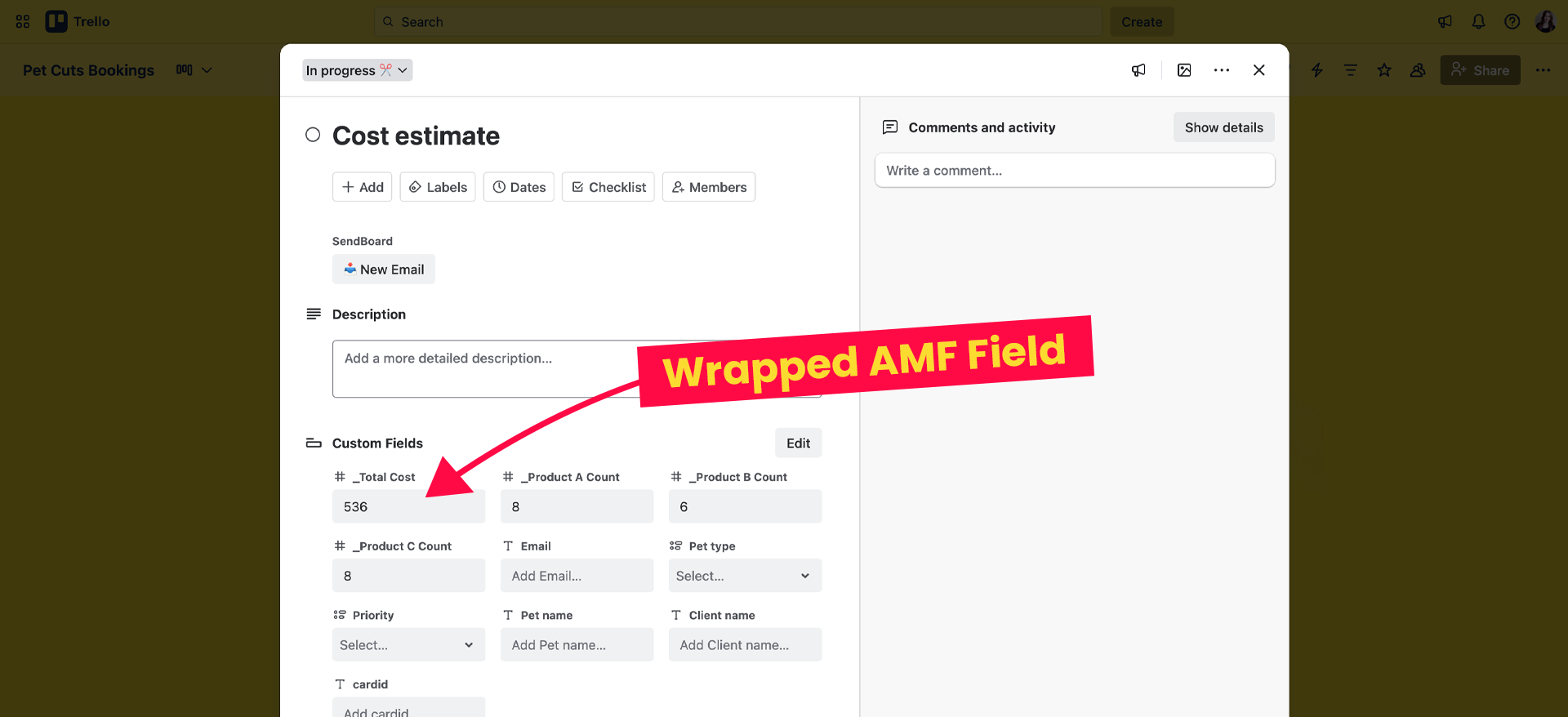 A screenshot of a Trello card with the wrapped AMF field '_Total Cost'