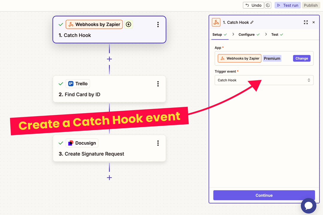 Screenshot of the Catch Hook set up in Zapier with the annotation 'Create a Catch Hook event'