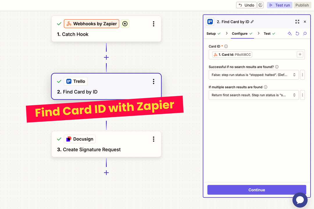 Screenshot of the Find Trello Card by ID set up in Zapier with the annotation 'Find Card ID with Zapier'