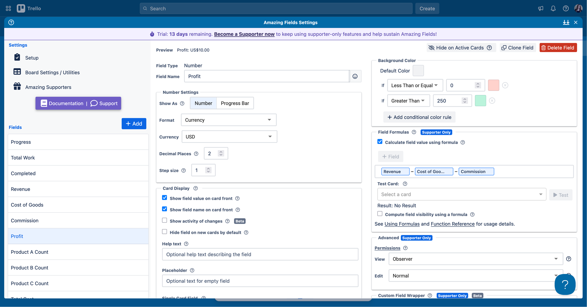 A screenshot from the Amazing Fields Power-Up, setting up a number field for Profit = Revenue - Cost of Goods - Commission