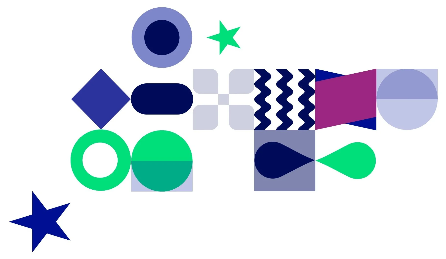 Abstract afbeelding met verschillende geometrische vormen en patronen in blauw, groen, paars en zwart.