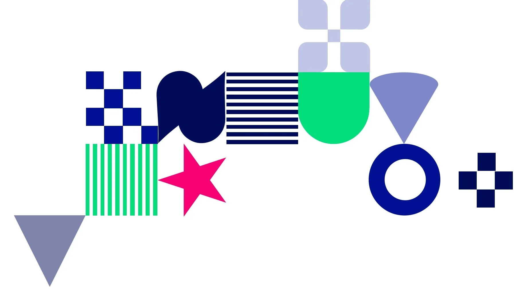 Abstract geometrische vormen en vrolijke kleuren, inclusief stippen, strepen, sterren en geometrische figuren op een witte achtergrond.