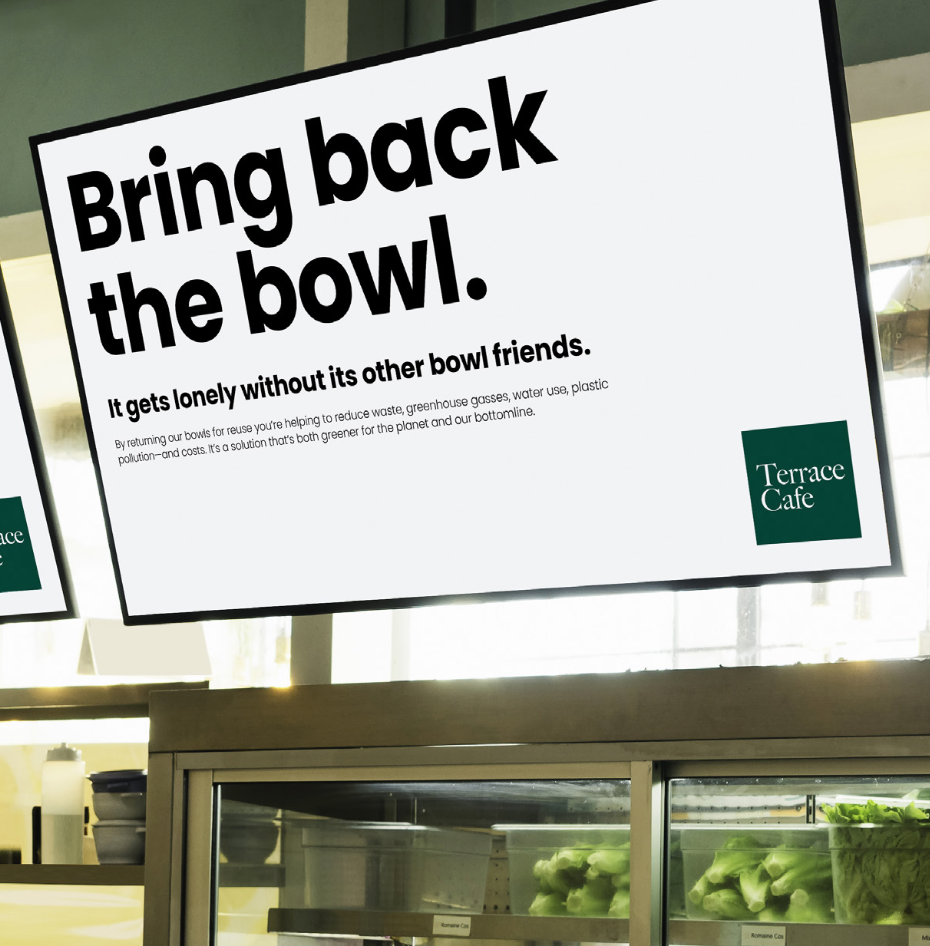 sign over a restaurant counter saying "Bring back the bowl"