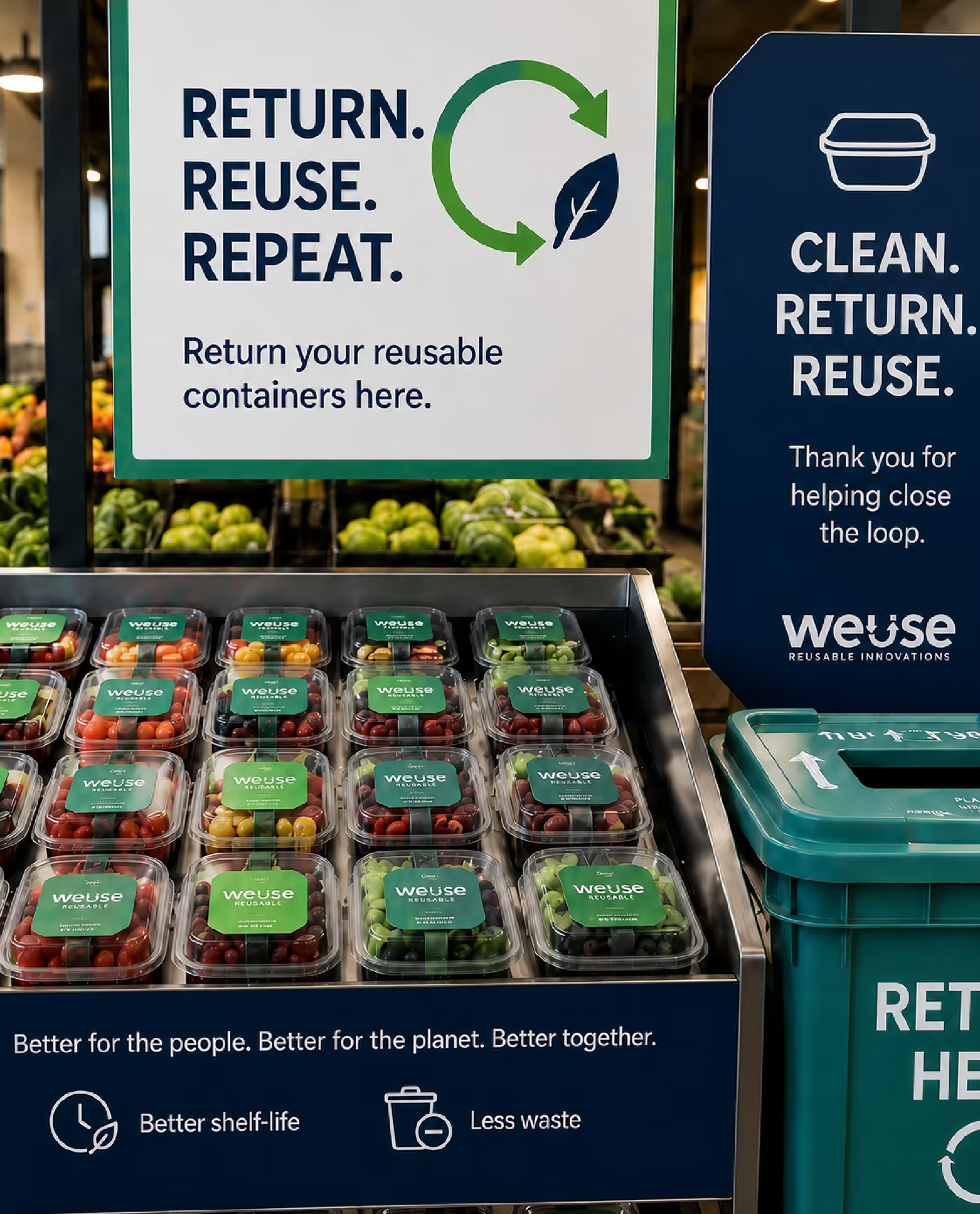 reusable produce containers next to a return bin in a grocery store
