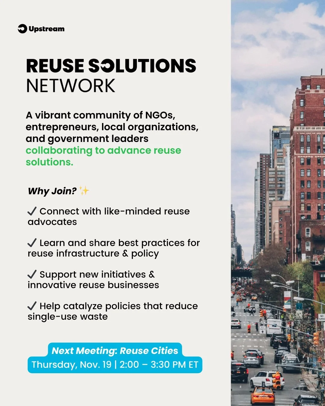 What would it take to build a true Reuse City? 🏙️💭

Join the Reuse Solutions Network for our next meeting about Reuse Cities on Thursday, November 19 (2:00&ndash;3:30 PM ET) as we imagine what&rsquo;s possible when communities design systems that m