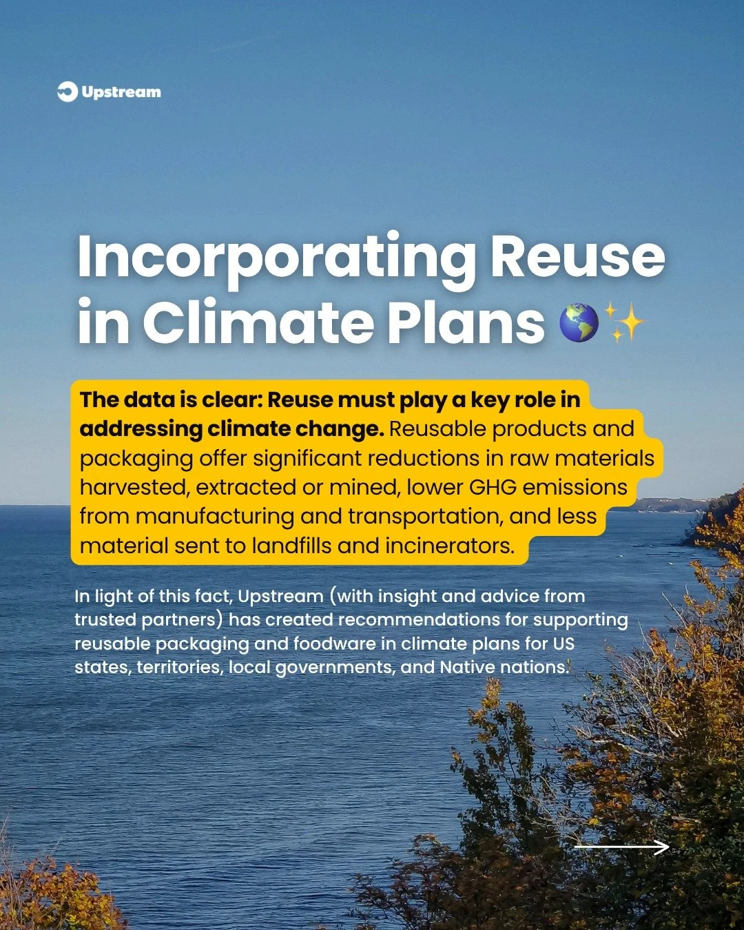 The data is clear: Reuse must play a key role in addressing climate change 🌱

Reusable products and packaging reduce material extraction, cut greenhouse gas emissions, and keep waste out of landfills and incinerators.

Upstream &mdash; alongside tru
