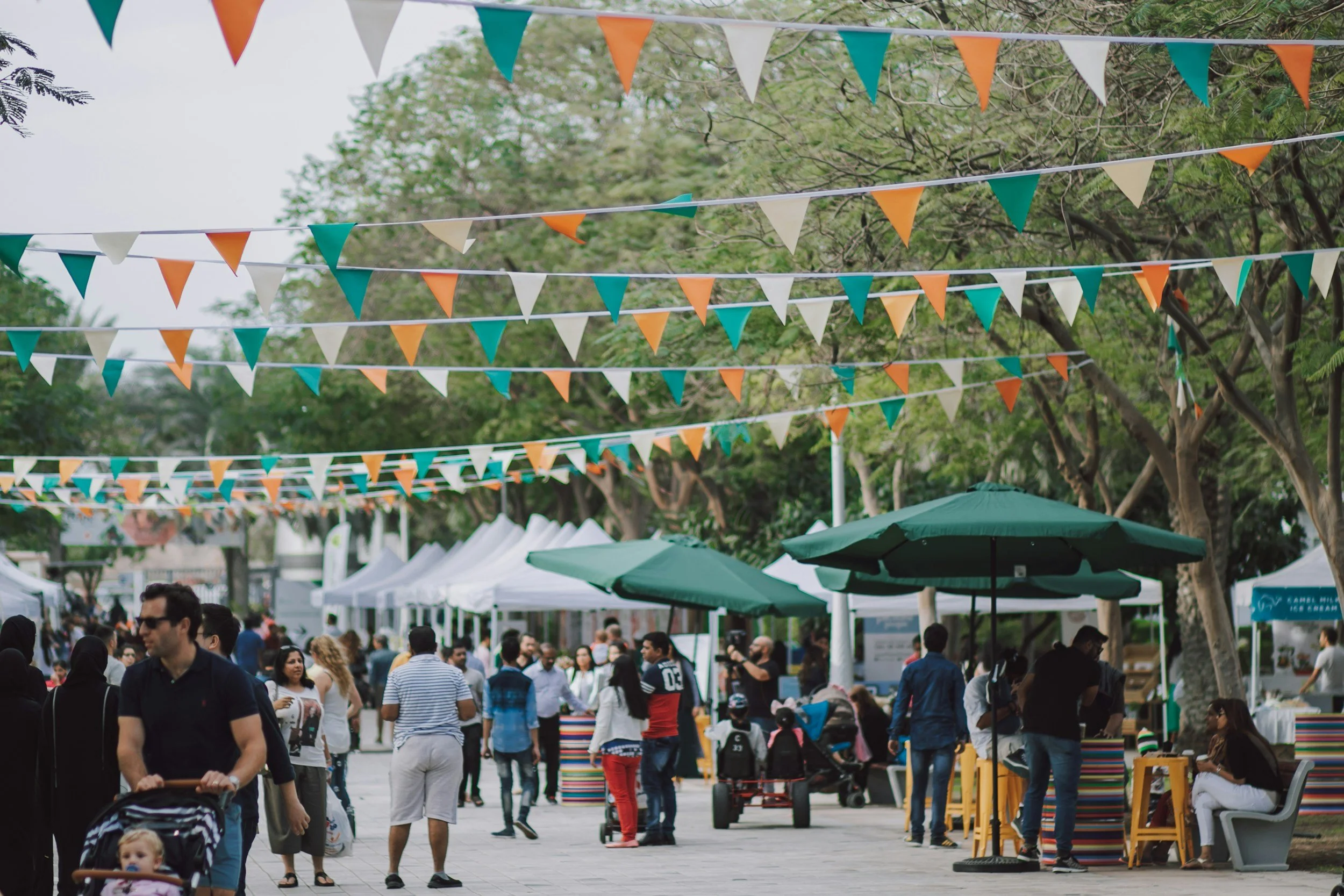 street festival with bunting overhead