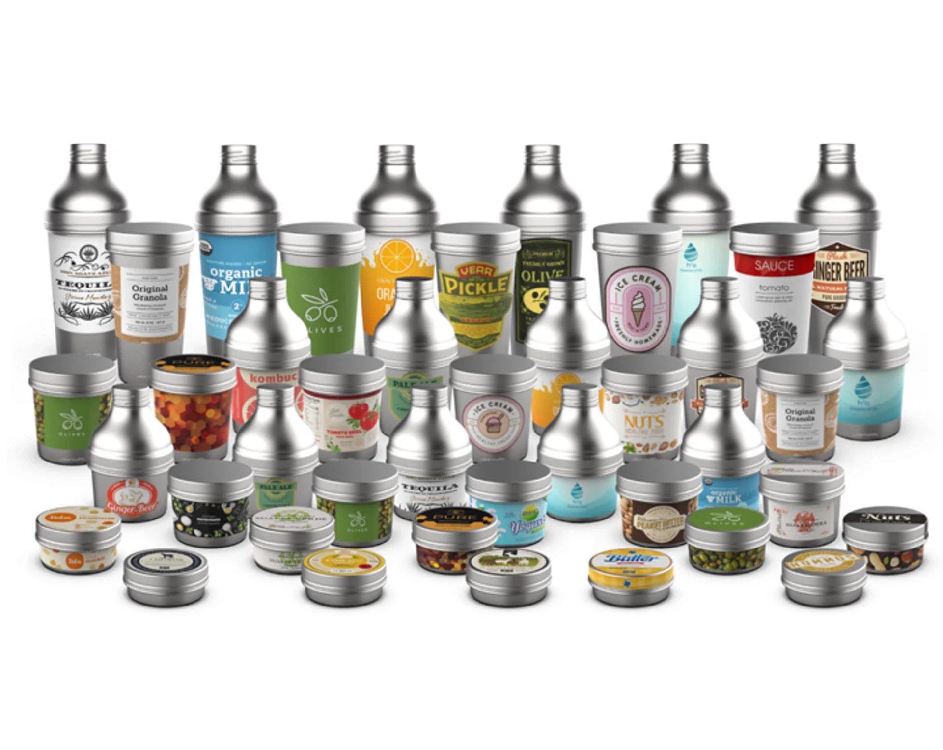 a collection of refillable stainless steel containers