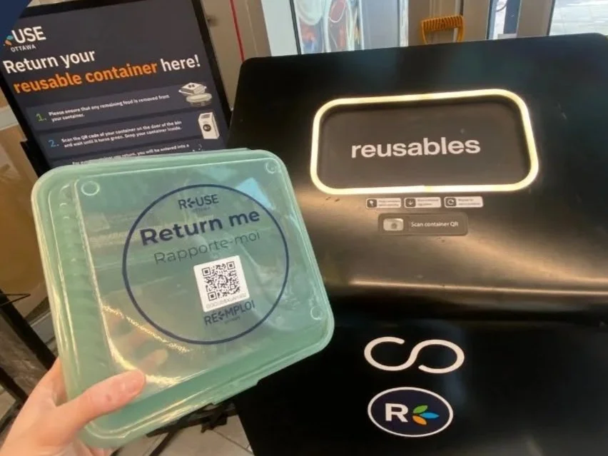 reusable returnable container being placed in a return bin