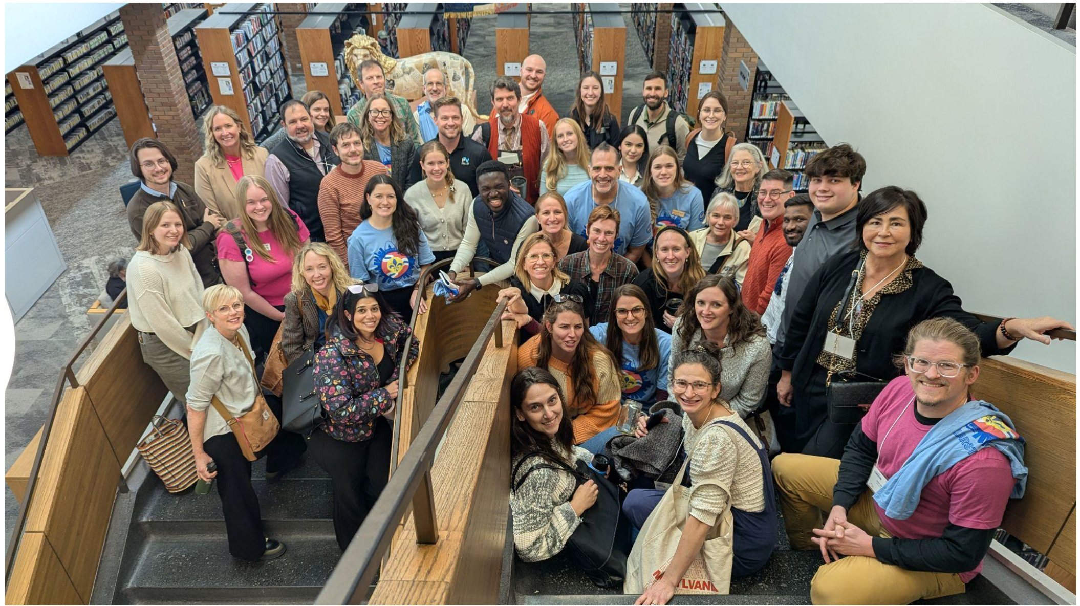 a group of people on a set of stairs