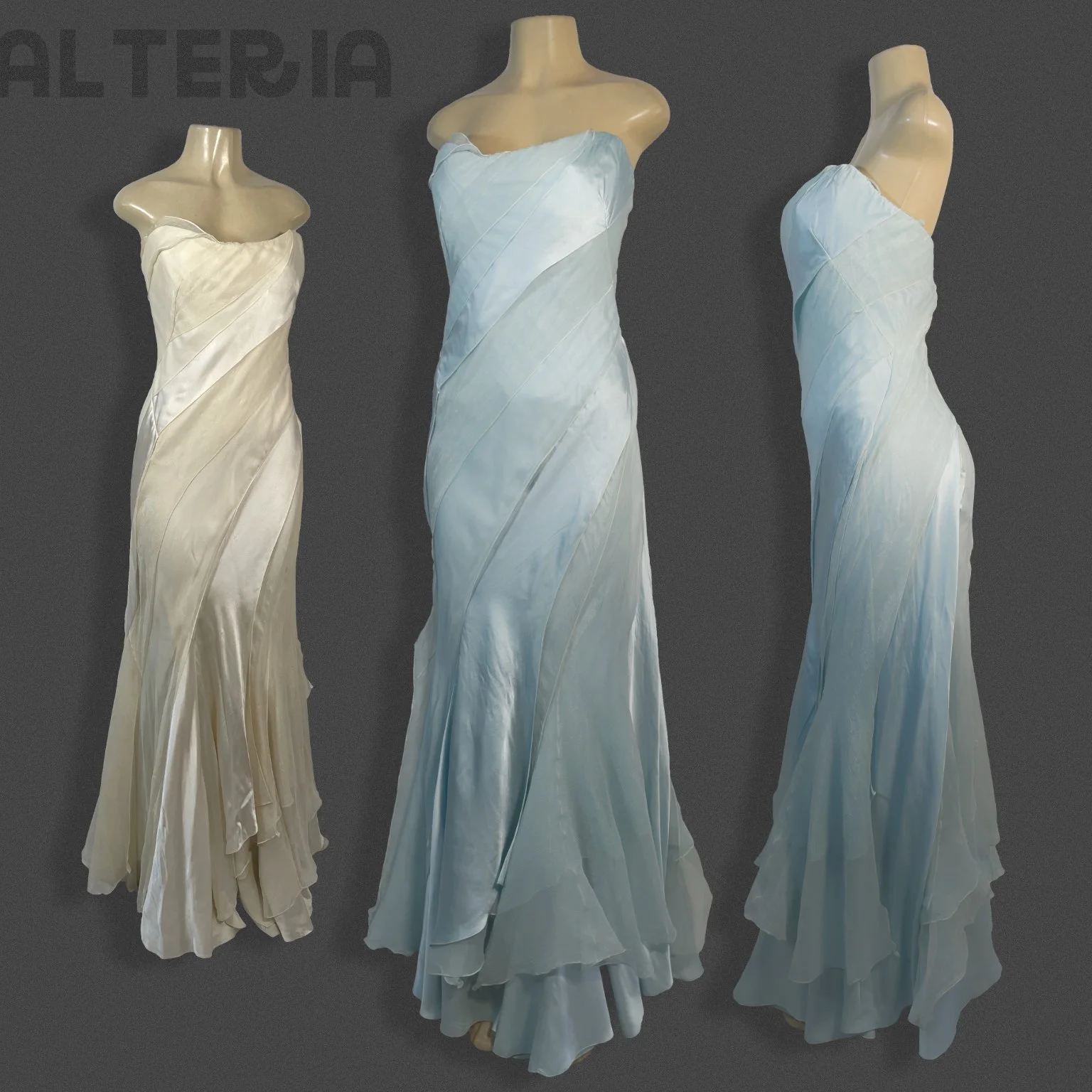 A photo of a silk dress dyed light blue, professional dyer, Marisela Esteves, Orlando, FL 