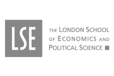 Logo of the London School of Economics and Political Science with gray text and a gray square background.