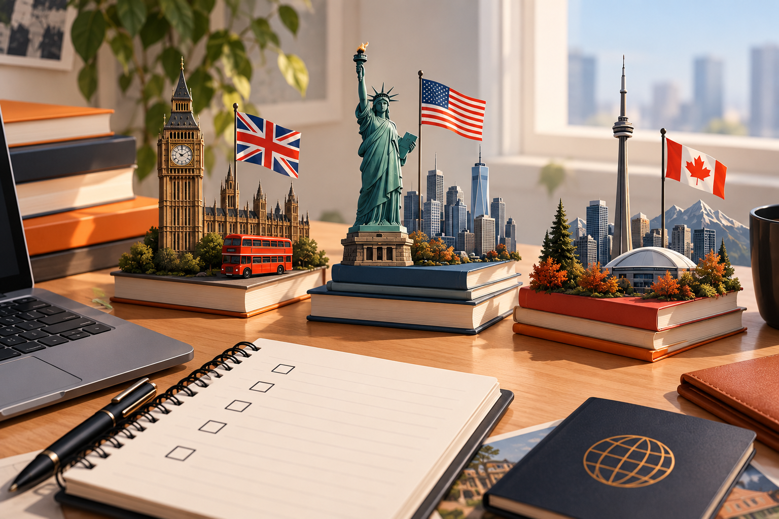 Escritorio con cuaderno de planificación, libros y elementos representativos del Reino Unido, Estados Unidos y Canadá para comparar opciones de estudio en el extranjero.