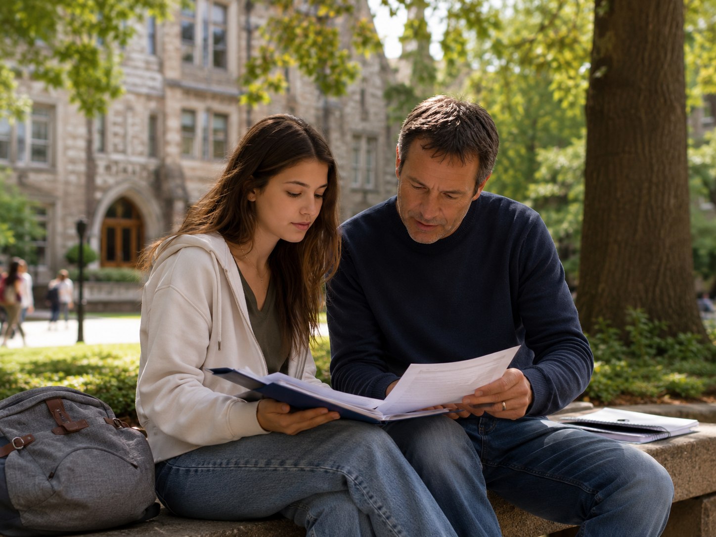 Estudiante y su padre revisando juntos documentos académicos y una lista de requisitos para aplicar a universidades en el exterior.
