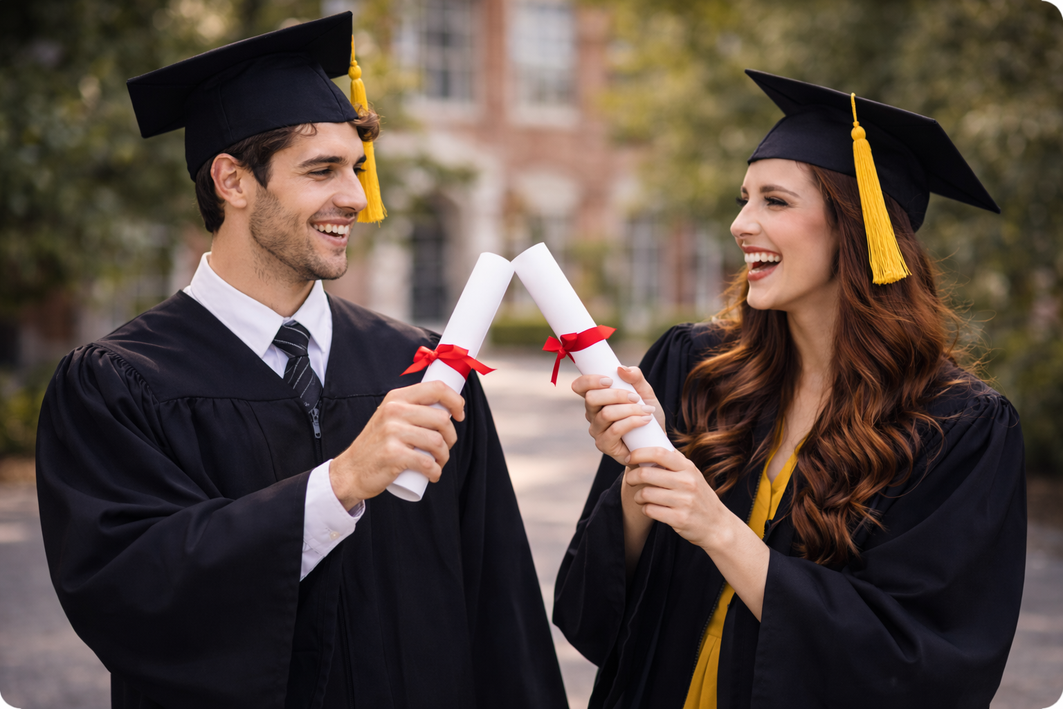os graduados universitarios celebran su graduación en un campus universitario, sosteniendo diplomas y sonriendo, representando el éxito académico y el futuro de estudiantes internacionales