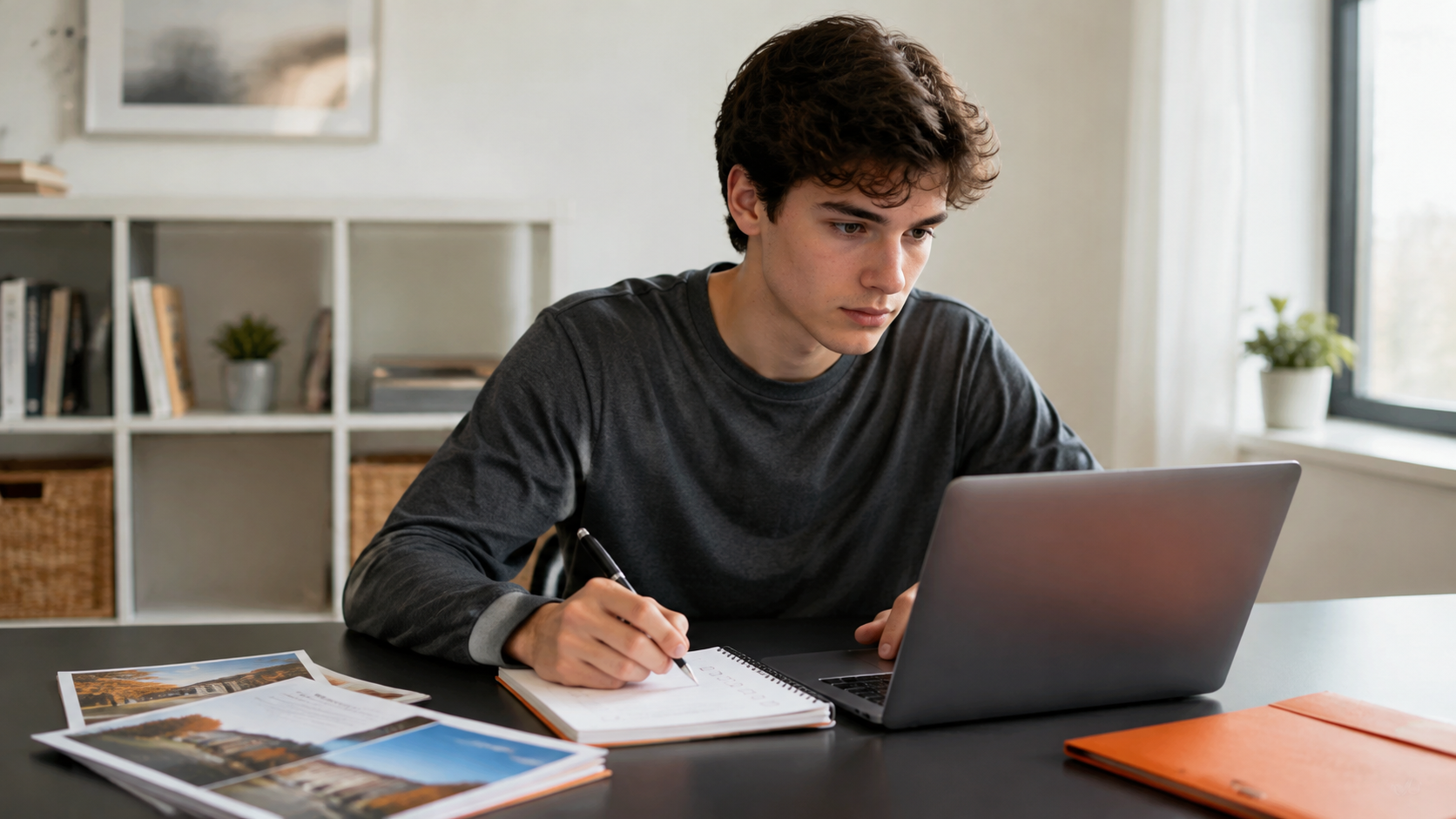 High school student preparing college applications while researching universities on his laptop