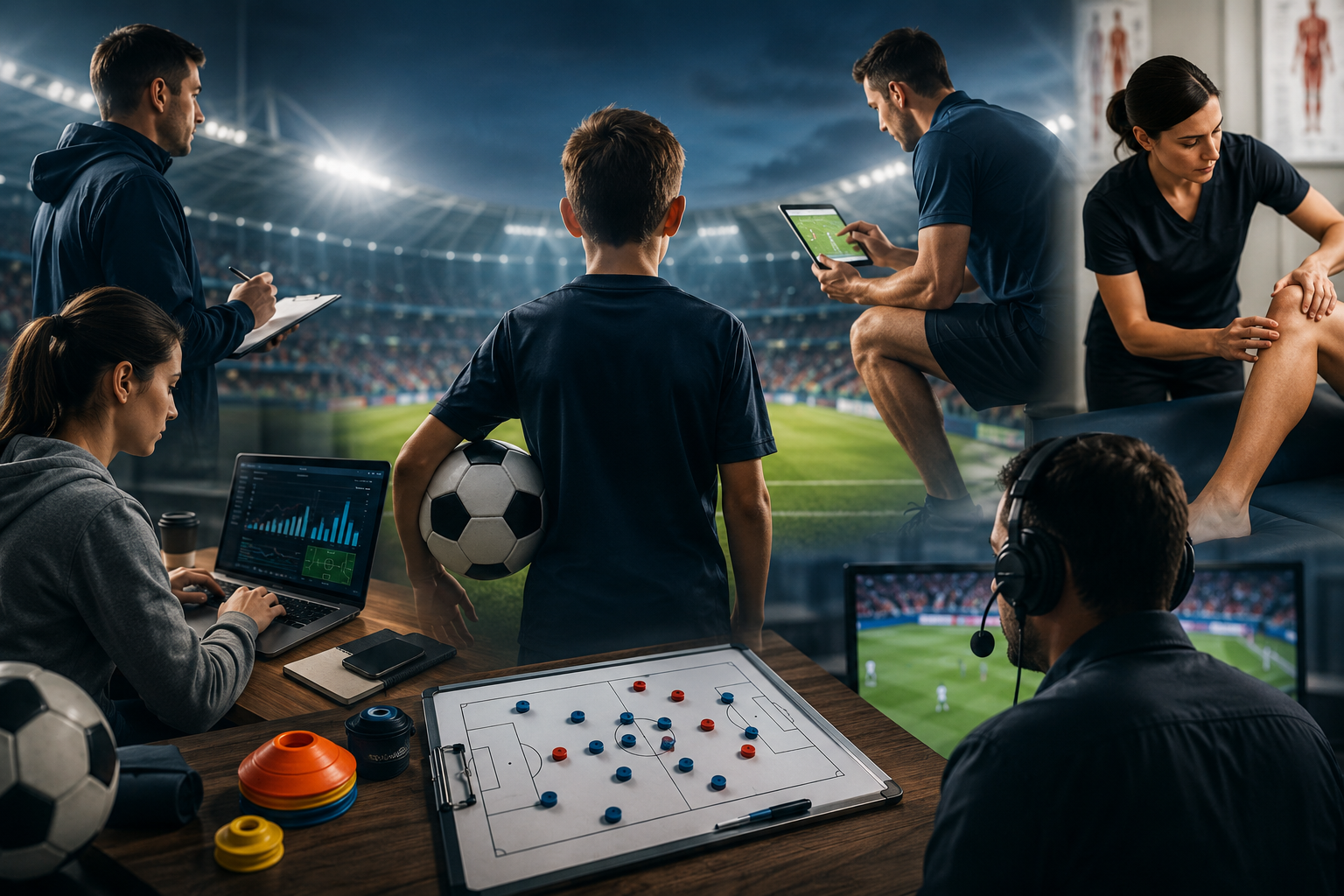 Escena conceptual del mundo del fútbol profesional mostrando jugadores, entrenadores, analistas, personal médico y especialistas trabajando alrededor de un partido en un estadio moderno.