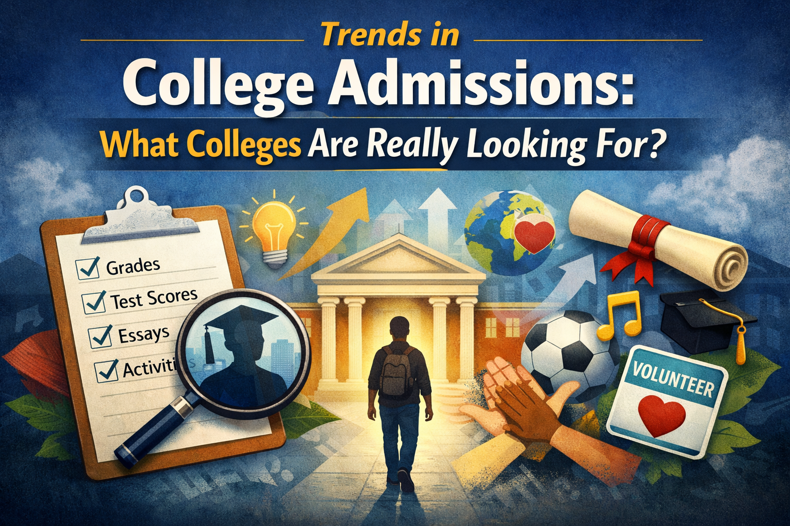 Illustration of a student approaching a university, with visual elements representing grades, essays, extracurriculars, and volunteer work related to college admissions trends.
