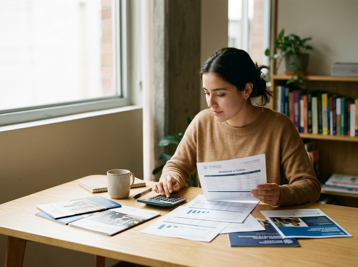Student reviewing college costs, financial documents, and tuition information while planning for university expenses