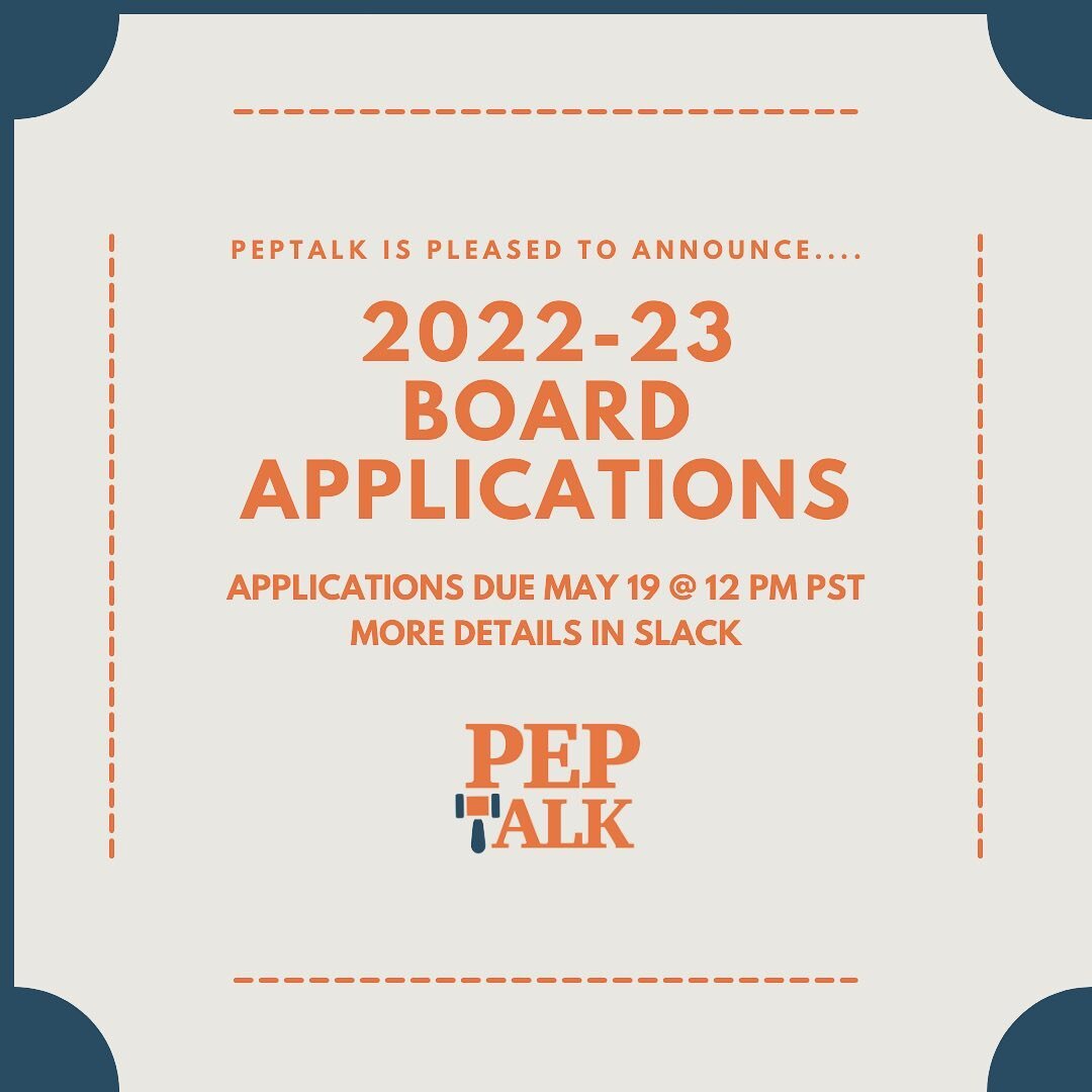 Hello everyone! The Peptalk Board is pleased to announce that applications for the 2022-23 Board are now open. We encourage you all to fill out the application thoughtfully if you choose to apply. If you have any questions regarding the application, 