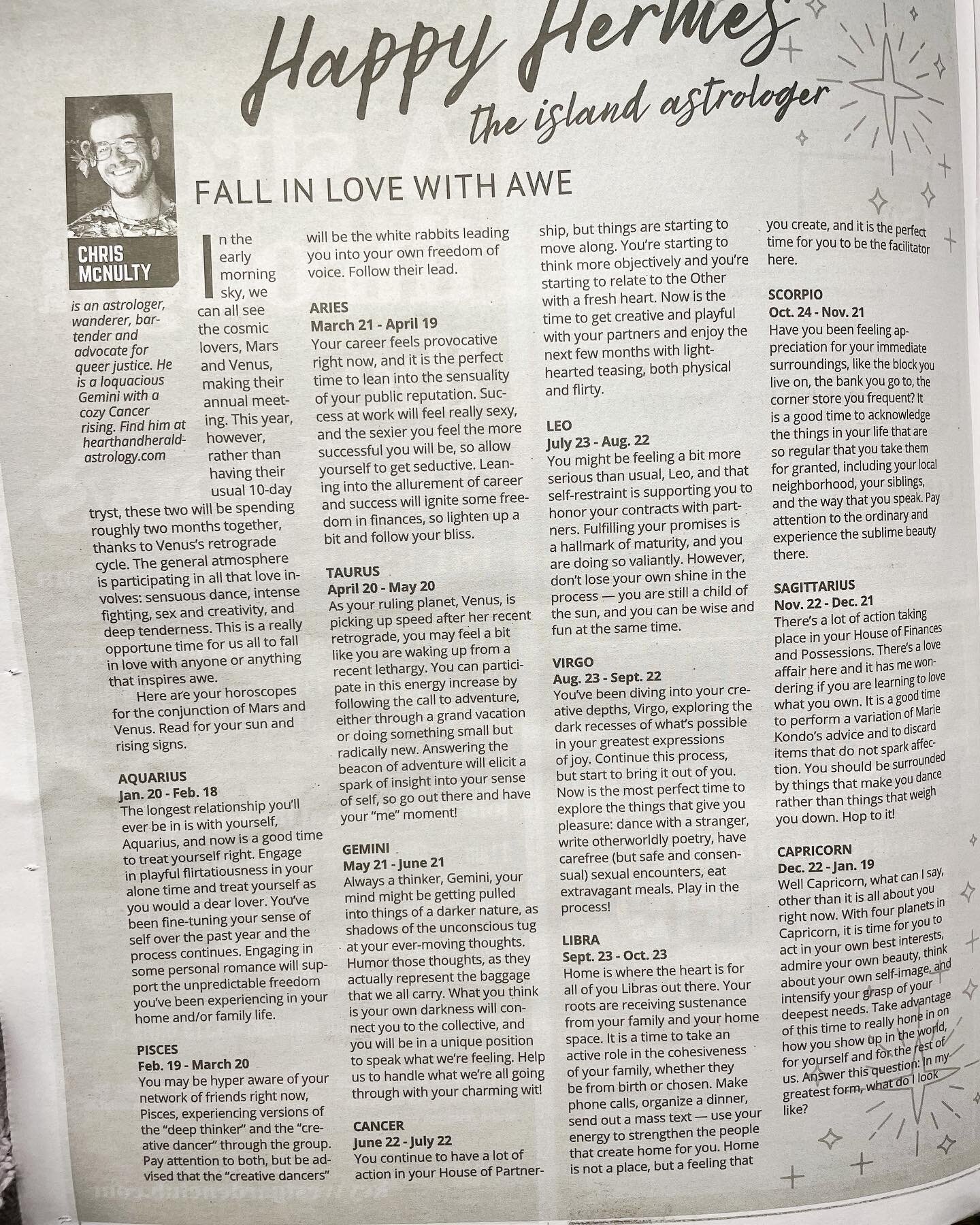 Finally managed to pick up my copy of the Key West Weekly @keysweekly. Here are your horoscopes - looking at the Mars-Venus conjunction trine Uranus and the Mercury-Pluto conjunction. Read for your sun and rising signs. 

Also, remember that these ar