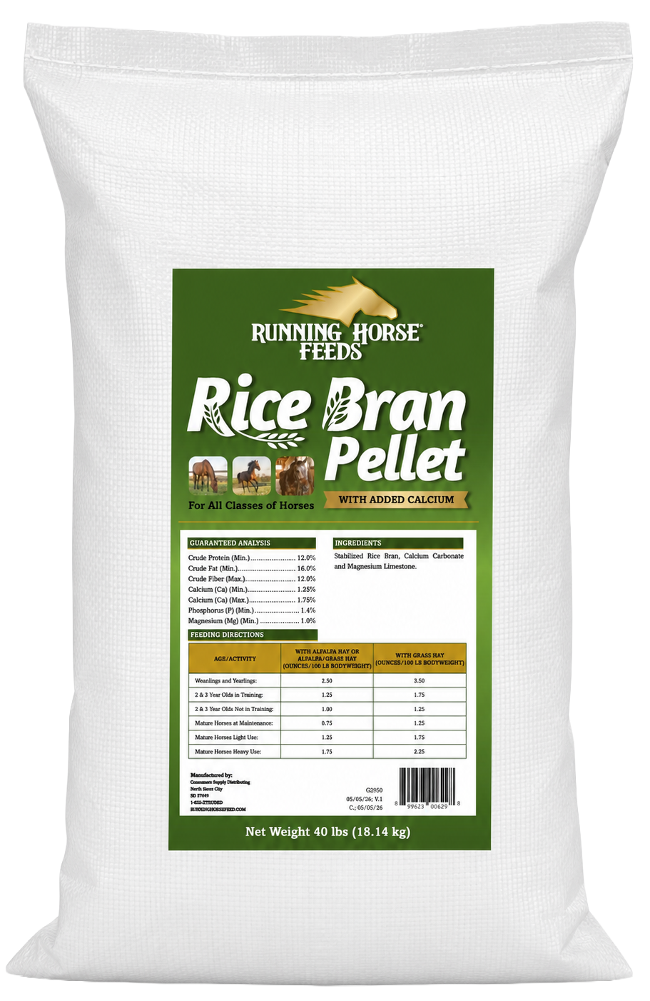 Bag of Running Horse Feeds Rice Bran Pellet for horses with added calcium, containing ingredients like stabilized rice bran, calcium carbonate, and magnesium limestone.