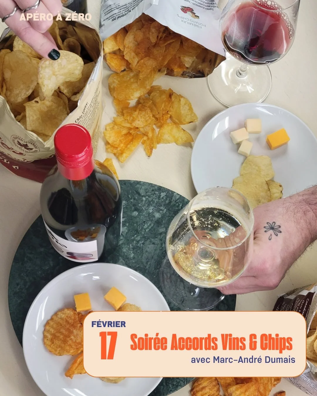 🥔🍷 VINS &amp; CHIPS? 

Des chips, mais pas comme vous les connaissez. Des vins sans alcool, mais plein de caract&egrave;re. 

On vous invite &agrave; une soir&eacute;e de d&eacute;gustation priv&eacute;e autour d&rsquo;accords aussi surprenants que