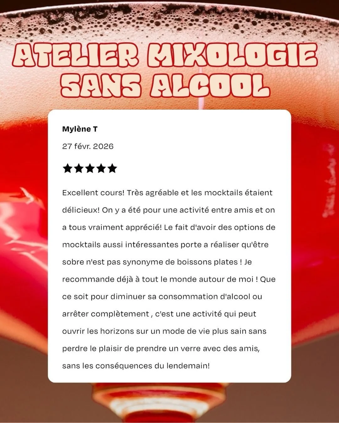 🍸Atelier de mixologie sans alcool : 24 mars

Envie d&rsquo;apprendre &agrave; cr&eacute;er des cocktails sans alcool savoureux et originaux ?

Lors de cet atelier convivial, vous d&eacute;couvrirez les bases de la mixologie sans alcool et r&eacute;a