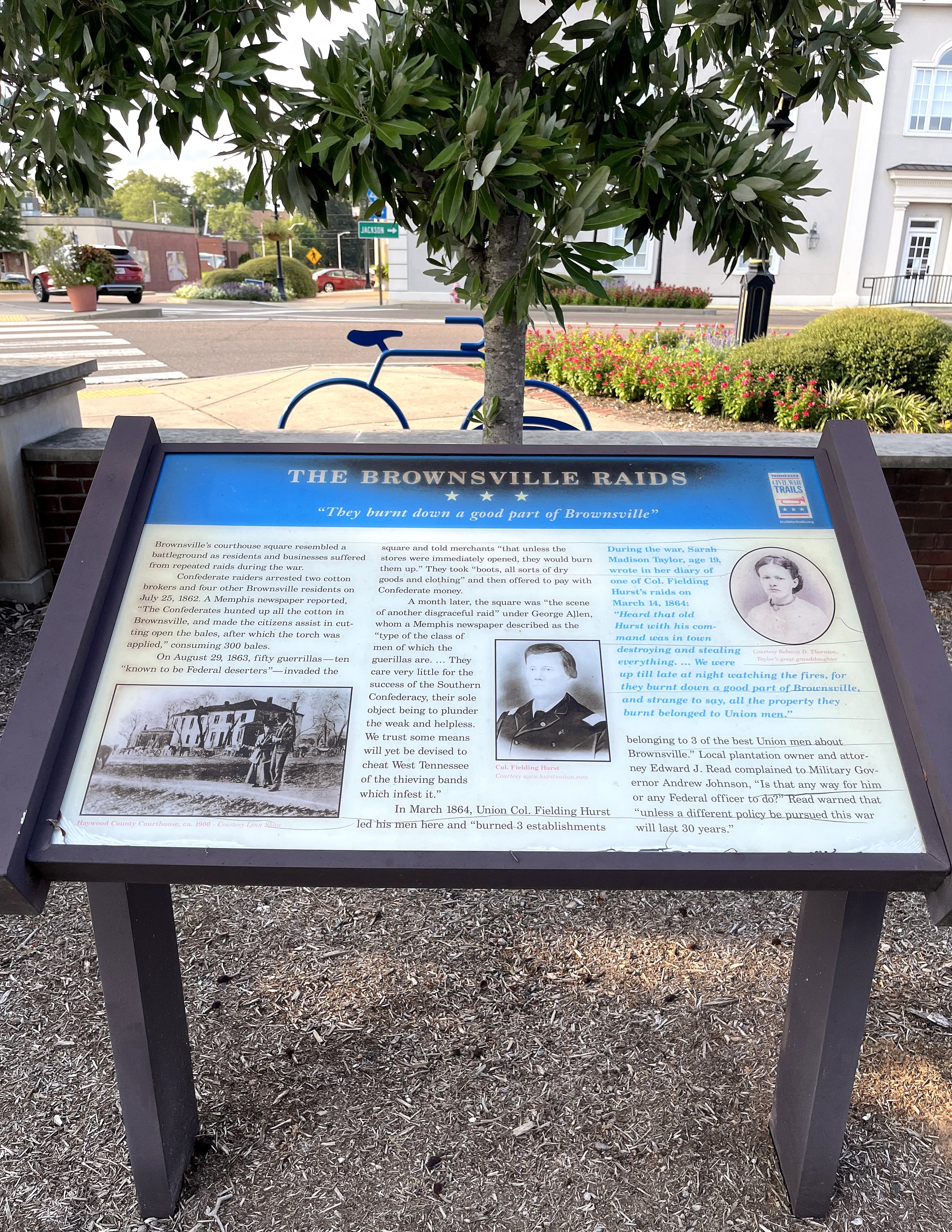 The Brownsville Raids Tennessee Civil War Trails marker in downtown Brownsville, Tennessee.