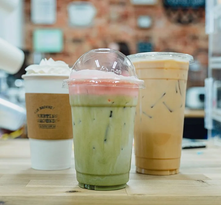 Coffee, Iced Coffee and Matcha sits on the counter of Brownsville Meeting Ground in downtown Brownsville TN.